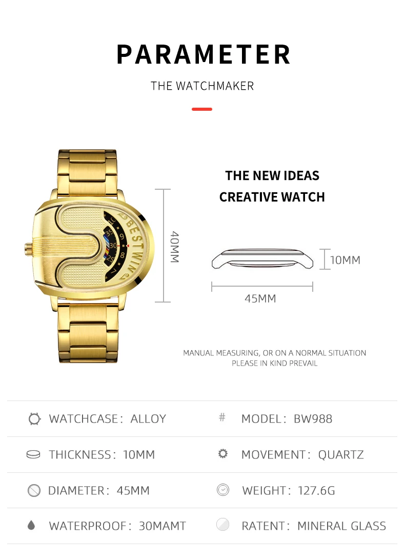 Creative Large Dial Personality Watches for Men BESTWIN Gold U-Shape Fashion Mens Watch Trend Reloj Hombre Lujo Alta Gama 2024