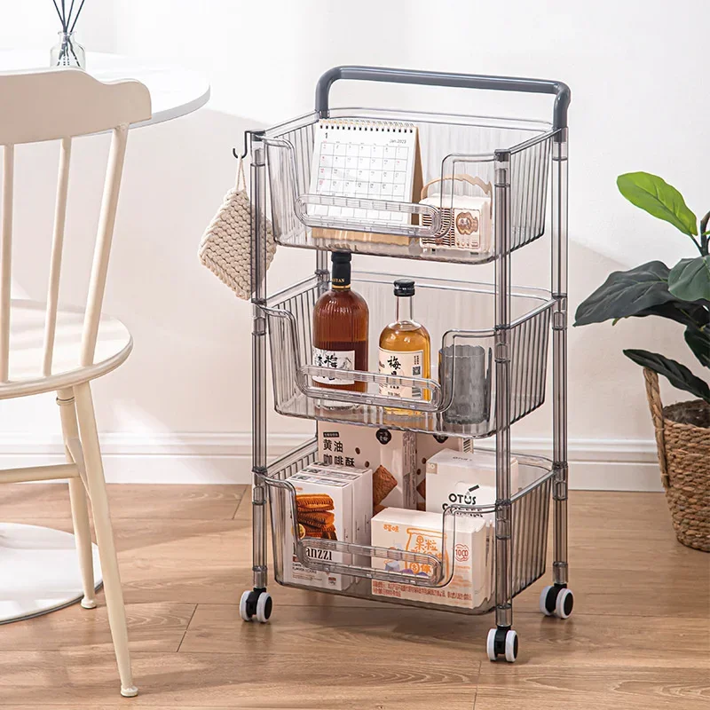 

Multi-Functional Storage Rack: Plastic Small Cart Kitchen Supplies Storage Basket Living Room Sundries Auxiliary Car with Wheels
