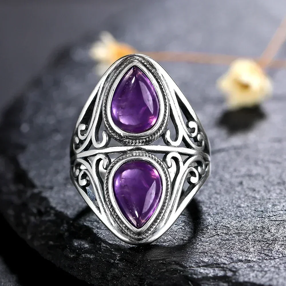 Silver Ring S925 Sterling Vintage With Natural Amethyst Two Stone Waterdrop Shape For Women