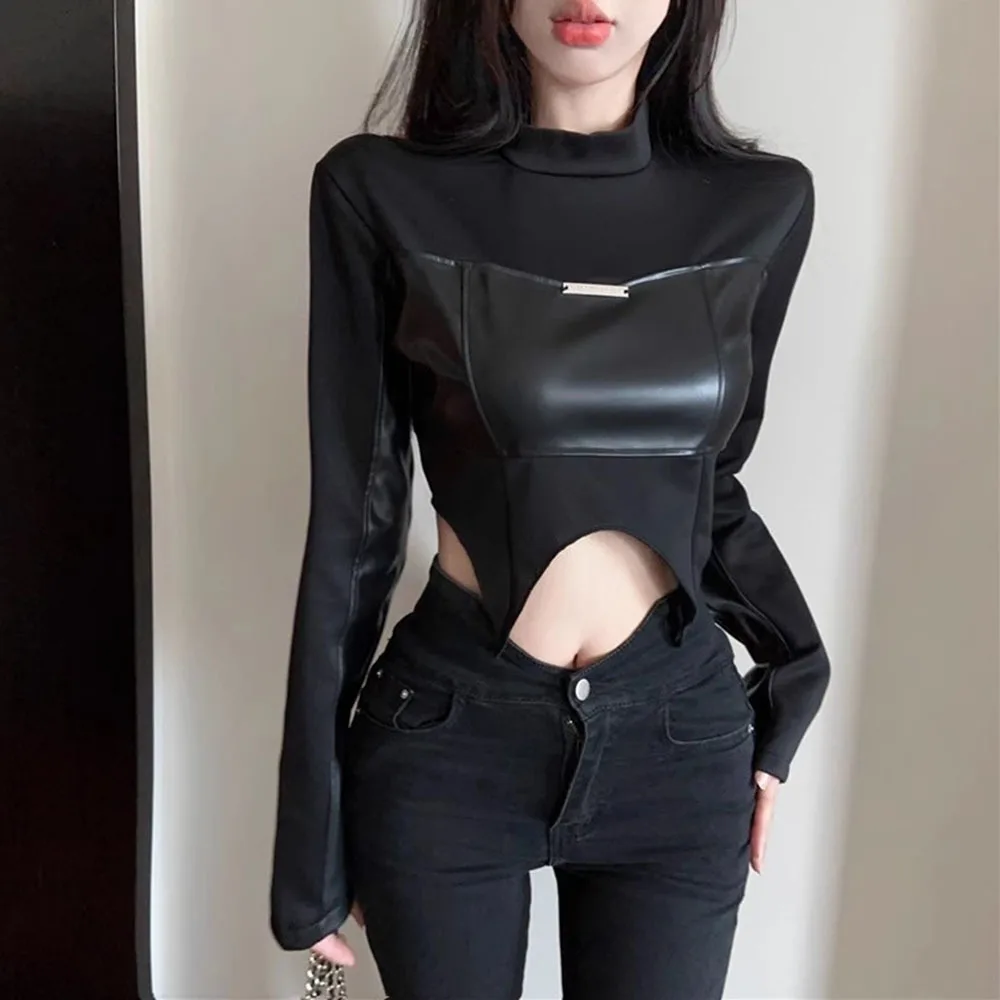 

Y2k Hot Girl PU Leather Splice Long Sleeve T-shirt Women's Irregular Short Chic Cropped Tops Female Casual Slim Tees Streetwear