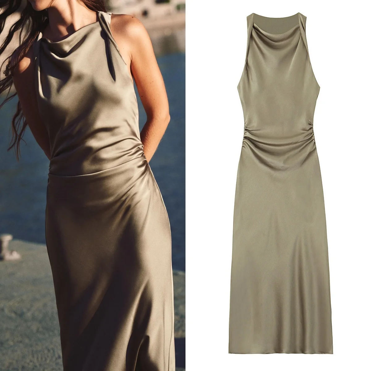 

TRAF Satin Pleated Midi Dress Women Party Long Dress Women Sleeveless Resort Dress Women Beach Dress 2024 Summer