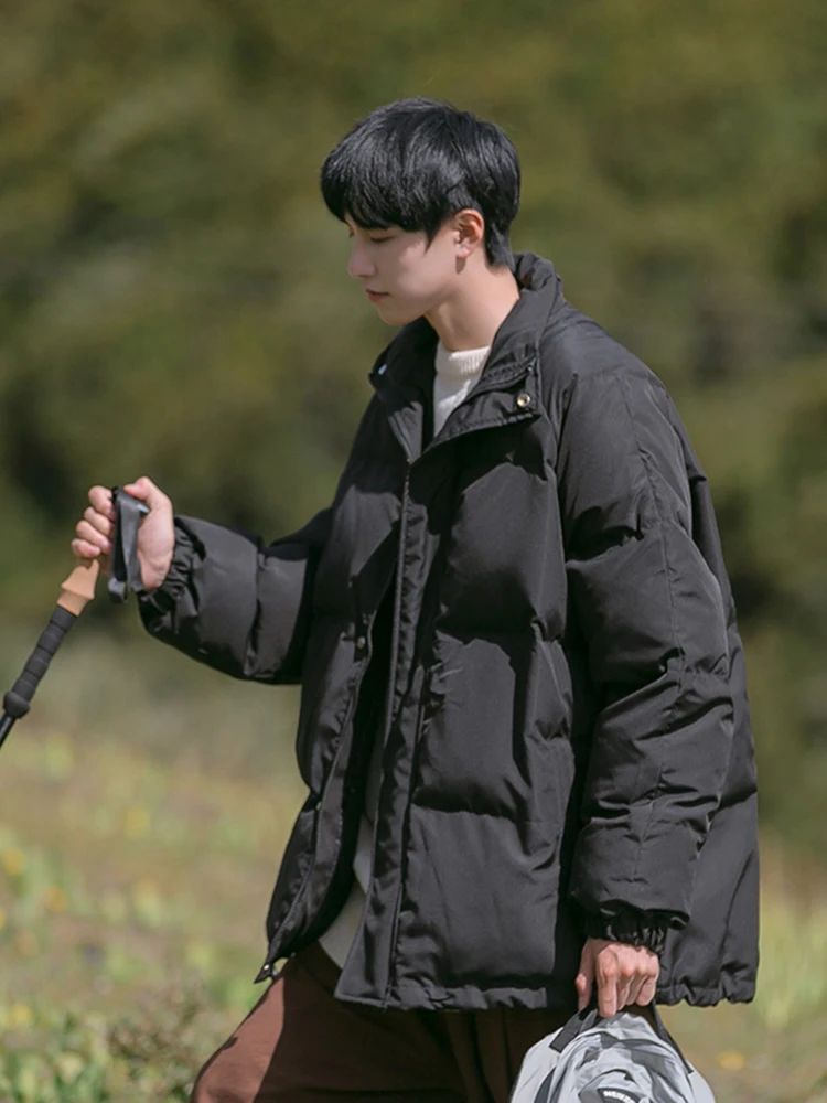 Down Jacket Men's Solid Color Loose Simple Short Thickened Warm Japanese Stand Collar Cotton Winter Side Seam Sidekick Coat 1Pc