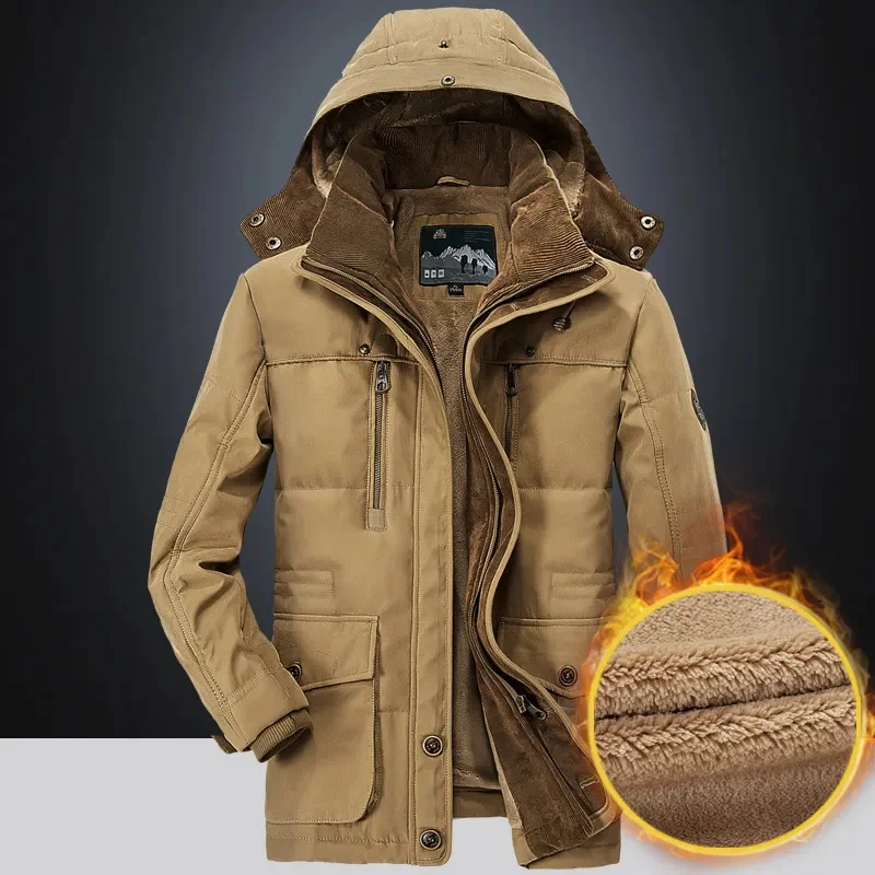 

2023 Winter Fleece Jacket Hood Mens Parkas Tactical Full-Zip Outdoor Windproof Outwear Hooded Warm Coat