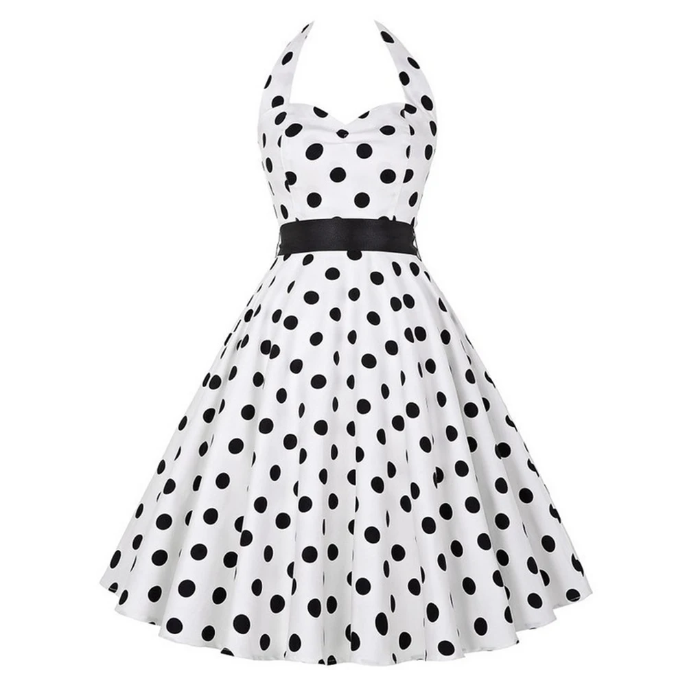 

Stylish Retro Polka Dot 50s60s Swing Dress for Women Halter Neck Housewife Cocktail Party Dress with High Waist