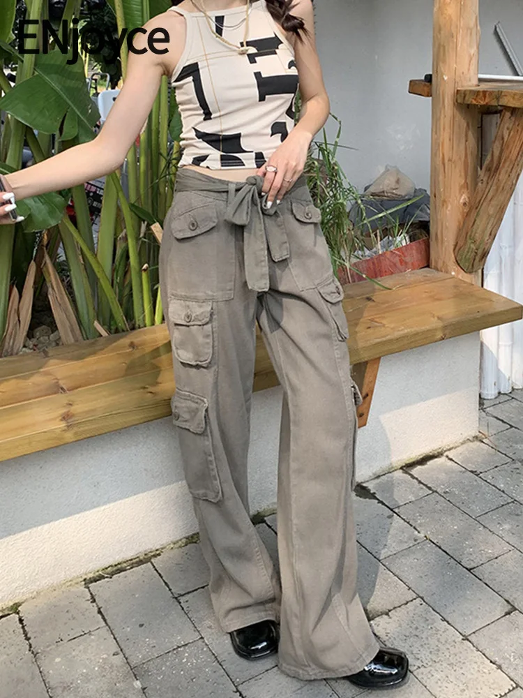 

ENjoyce Spring Women Original Lace-Up Drawstring Cargo Denim Pants Jeans Casual Straight Ladies Wide Leg Trousers Streetwear