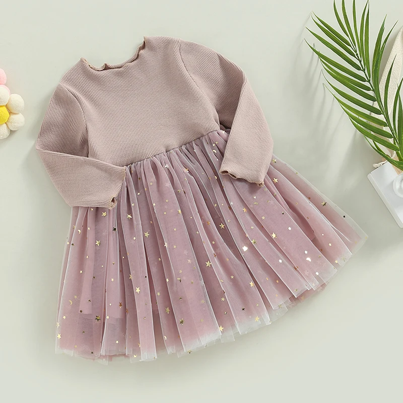 Girls Sequins Stars Moon Pattern Layered Tulle Tutu Dress Crew Neck Long Sleeve Autumn Princess Casual Dress for Toddler Kids