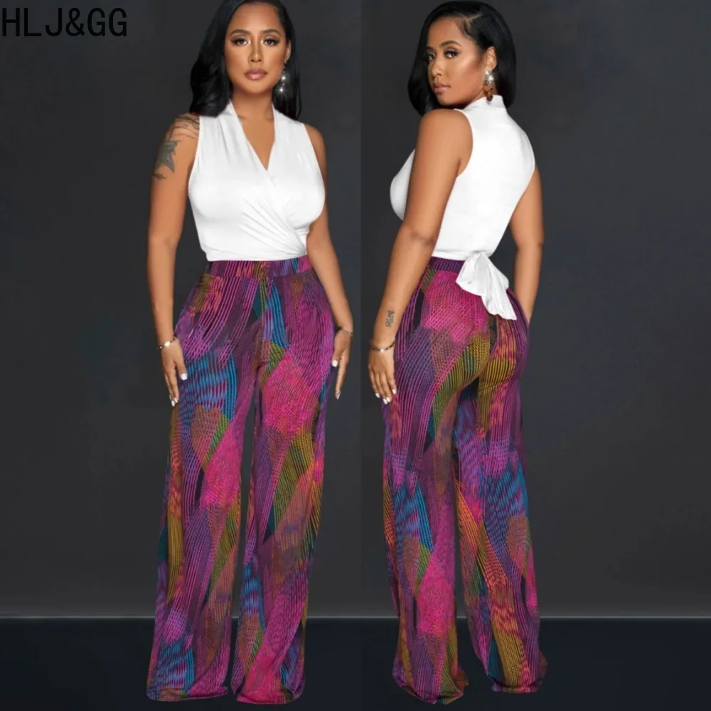 HLJ&GG Elegant Lady Multicolour Printing Wide Leg Pants Two Piece Sets Women V Neck Sleevless Top And Pants Outfits Streetwear 2023 summer casual tracksuit zipper polo shirt 2 piece sets for men suit printing outfit men multicolour sportswear clothing