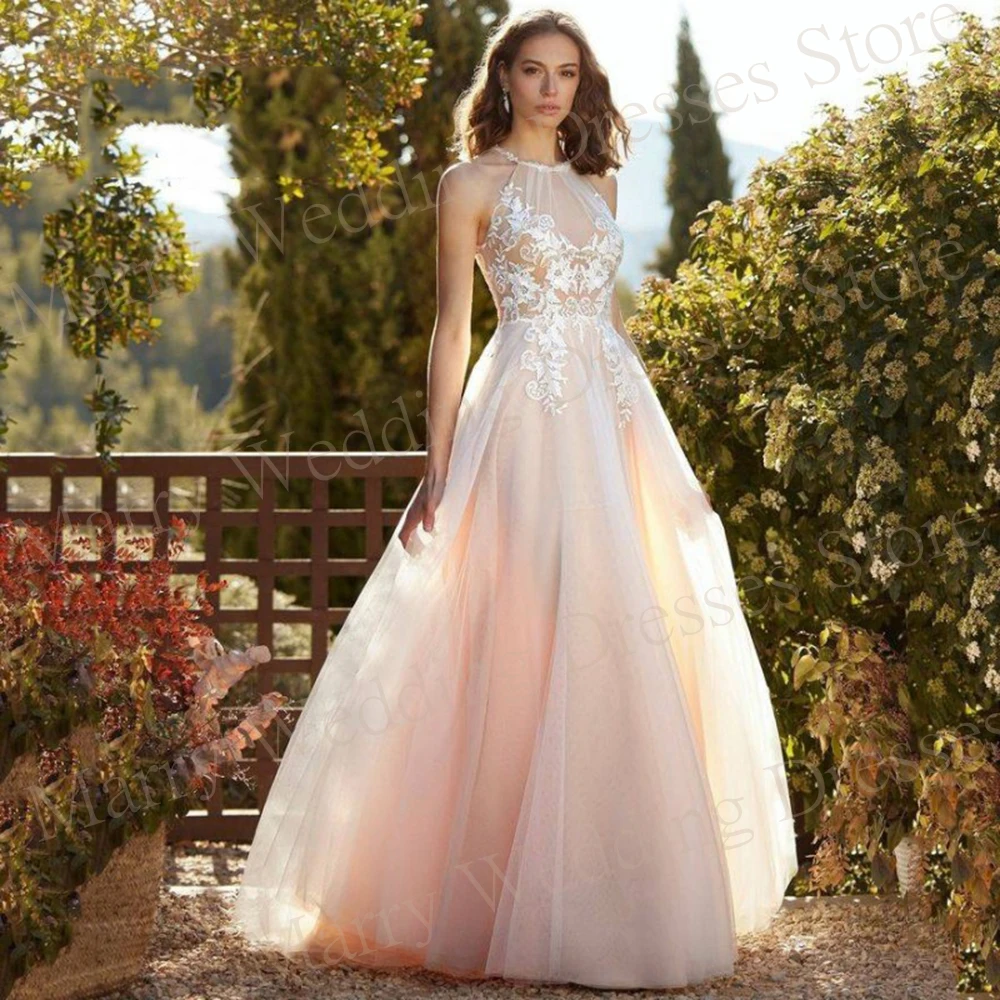 

Elegant A-Line Wedding Dresses Modern Sexy Halter Lace Appliques Backless Sleeveless Bride Gowns Sweep Train Vestidos De Novia