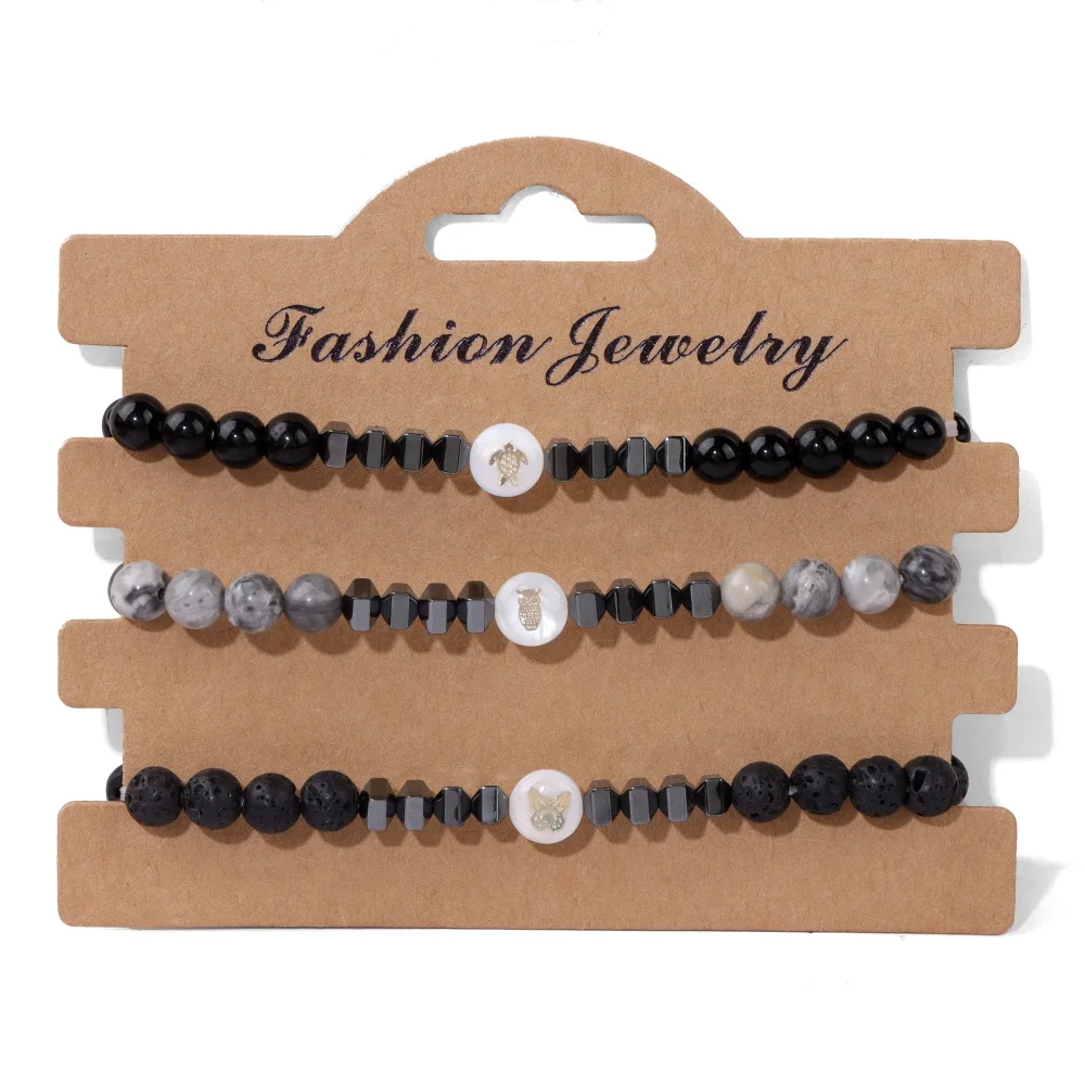 

3PCS Natural Stone Bead Bracelet Set For Men Natural Black Lava Map Stone Bracelet Shell Bead Charm Bracelet Mediation Jewelry