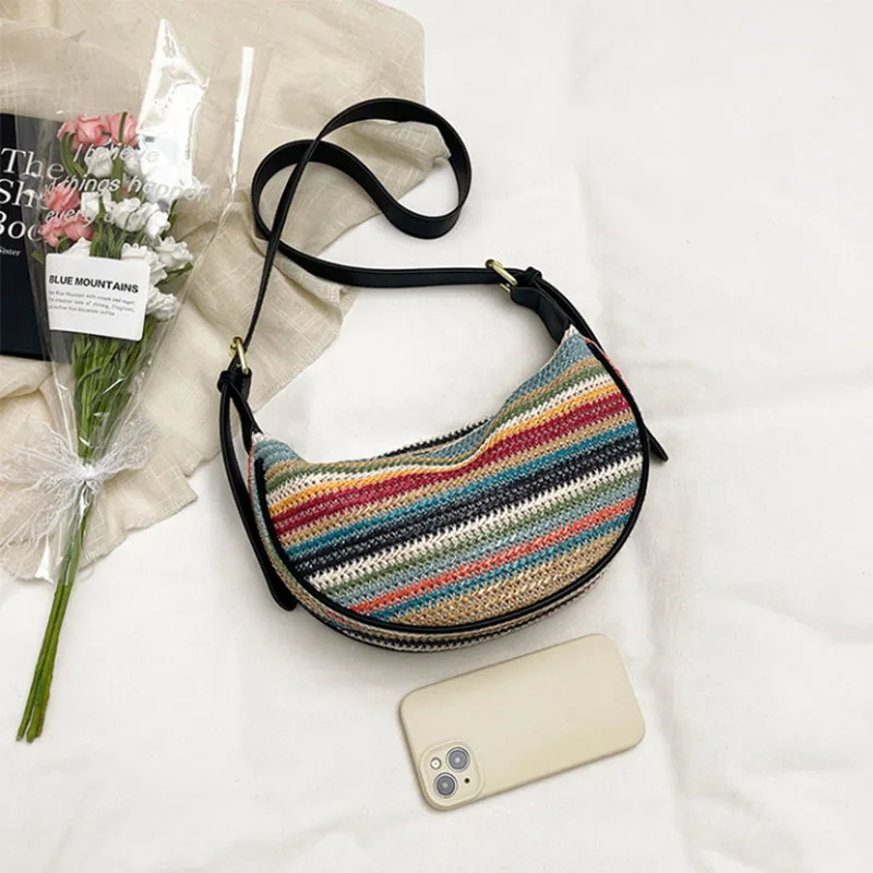 Borsa Hobo Bohemien da Donna per Vacanze, Borsa a Tracolla Intrecciata a Righe con Tracolla Regolabile, Borsa a Spalla Multifunzione per Uso Quotidiano e Vacanze - immagine 3
