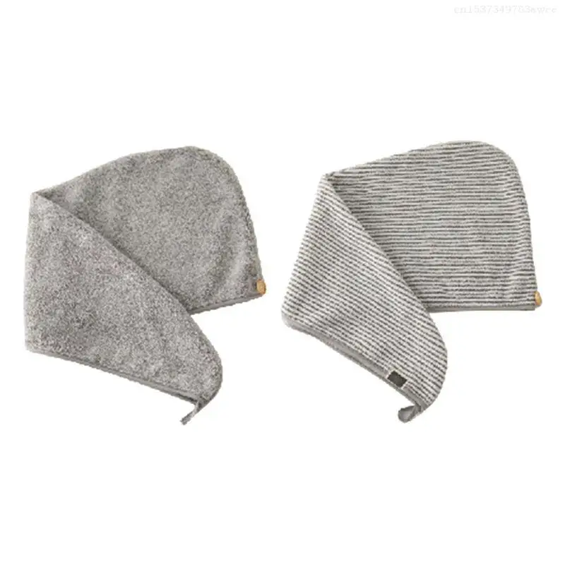 Bamboo Microfiber Hair Towel Wrap Gray Striped Quick Drying Shower Turban with Button Absorbent Anti-Frizz Bath Hat F0T6