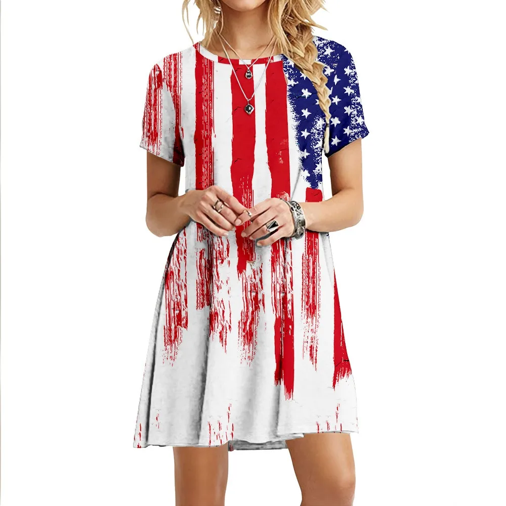 

Summer Casual Flag Print Dresses Y2K Party Dress Retro Fashion Women Street O Neck Harajuku Dress Oversized Elegant Vestidos