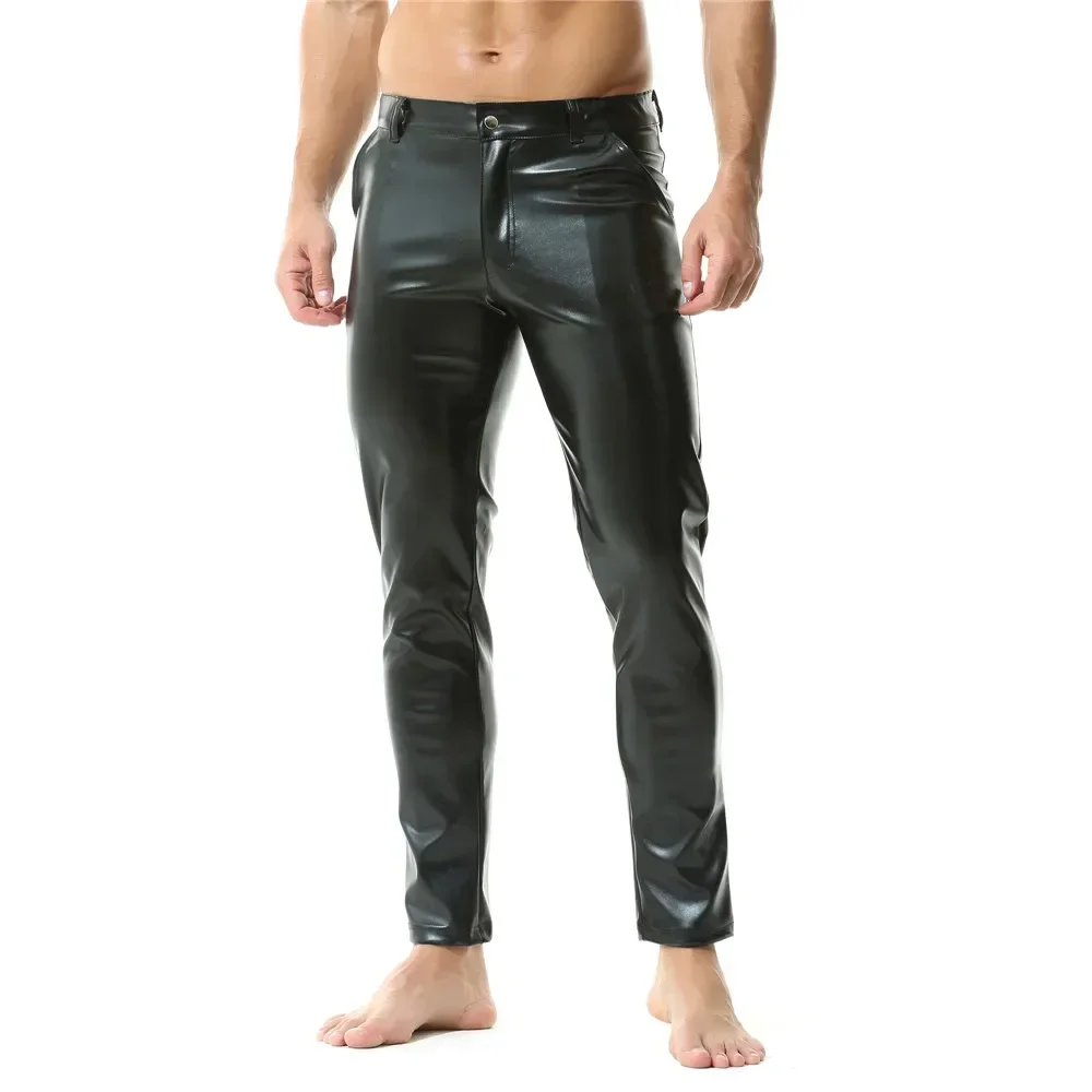 

Men Fashion Rock Style PU Leather Pants Man Faux Leather Slim-fit Motorcycle Trousers Leather Pant Bikers Trouser Nightclub Wear