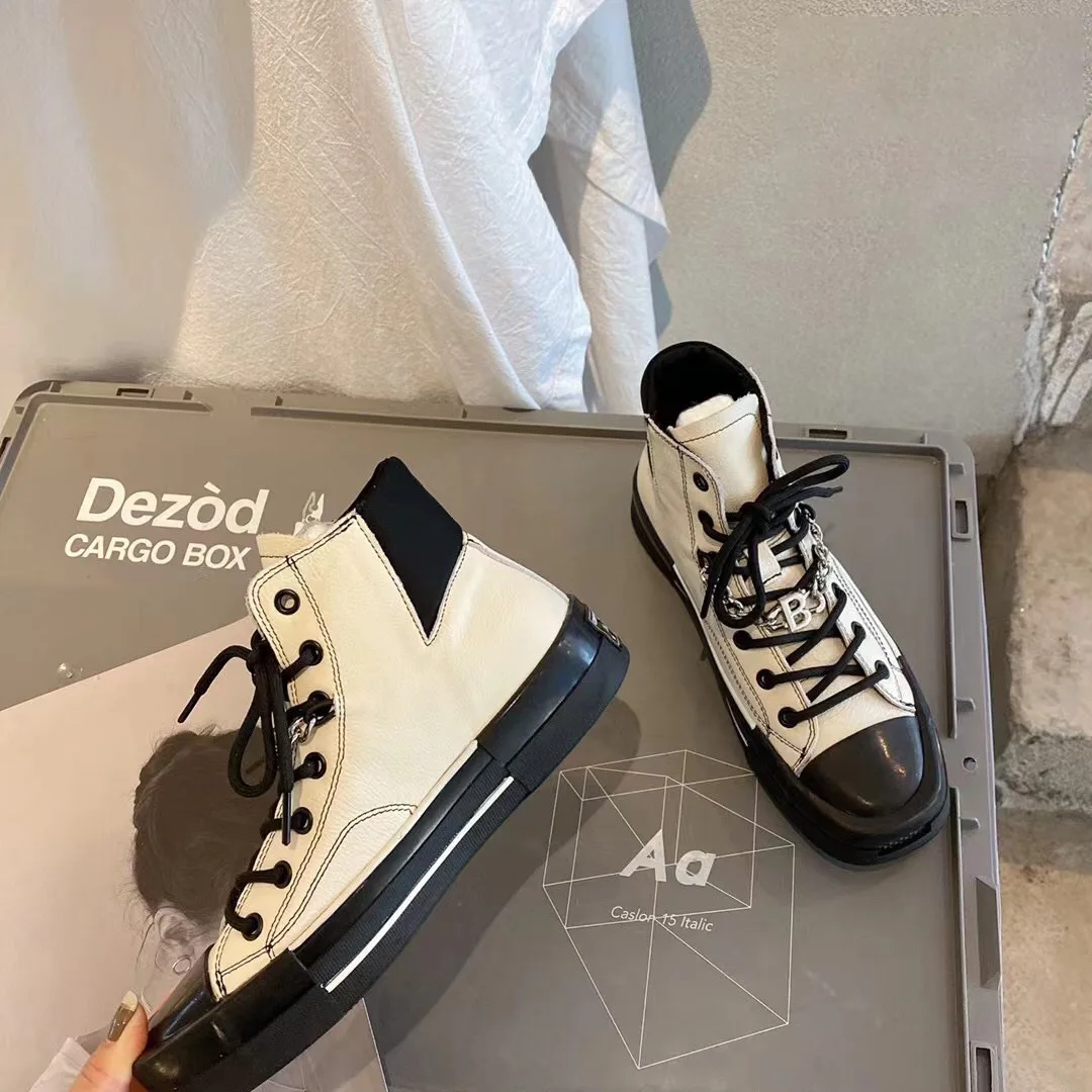 

XPAY Genuine Leather Boots Women Fashion Metal Vulcanized Platform Shoes Comfortable Thick Bottom Sneakers Size 35-40