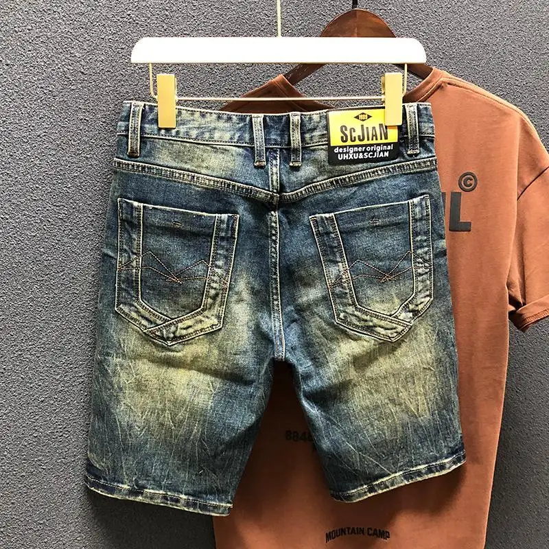 New Kpop Luxury Cowboy Streetwear Vintage Distressed Yellow Denim Shorts Men Summer Knee Length Washed Casual Ripped Short Jeans