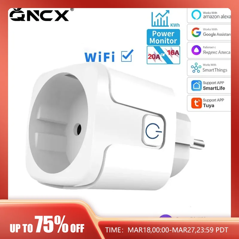 Tuya 16A 20A EU Smart Socket WiFi Smart Plug With Power Monitoring Timing Function Voice Control Alexa Google Assitant