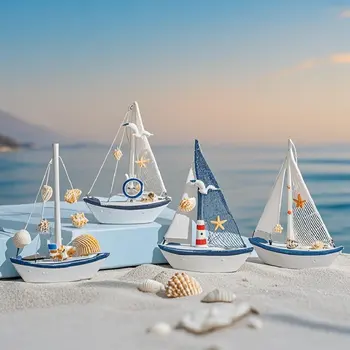 Mini barca a vela in legno in stile nautico, ornamento artigianale blu nautico per la decorazione della stanza delle feste domestiche, accenti a tema marino