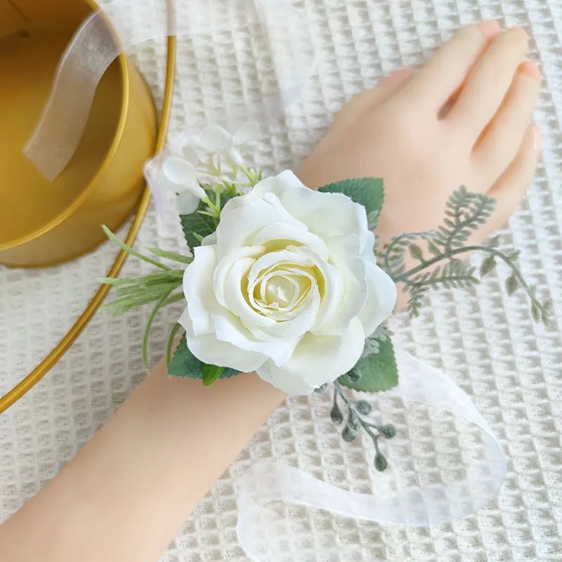 

Bridal Wrist Corsage Silk Roses Artificial Wedding Flowers Bridesmaid Bracelet Girls Party Marriage Groom Pin Bride Accessories