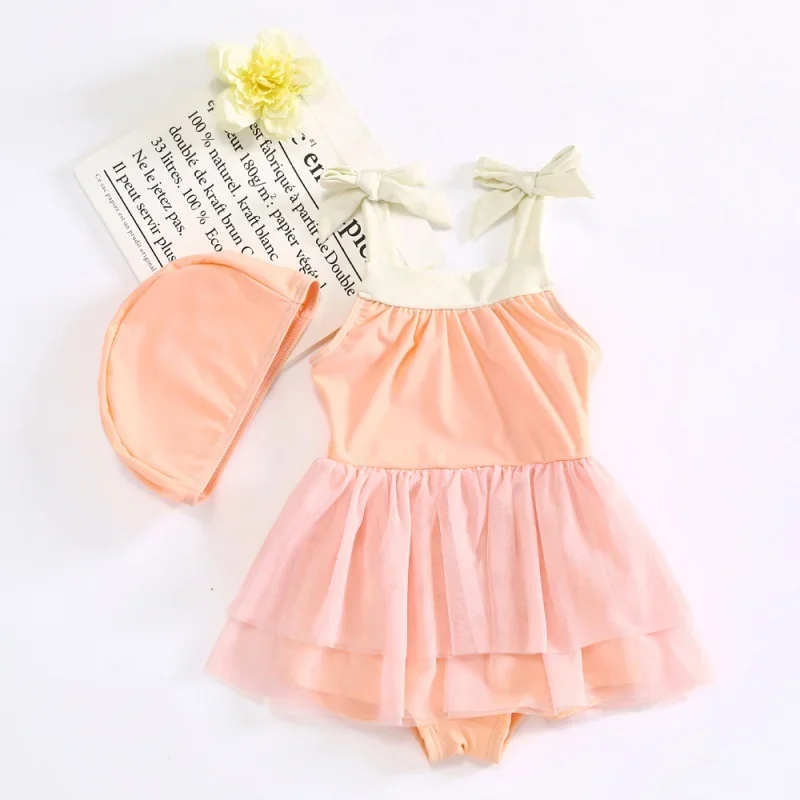 

Korean children's swimsuit, girl's hot spring swimsuit, baby one piece, solid color mesh skirt, swimsuit