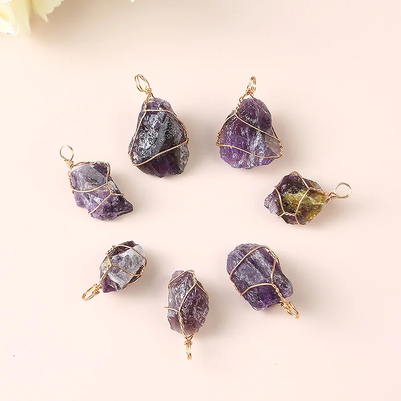 20pcs Natural Raw Stone Wire Wrap Pendants Irregular Amethyst Charms for Diy Earrings Necklace Jewelry Making
