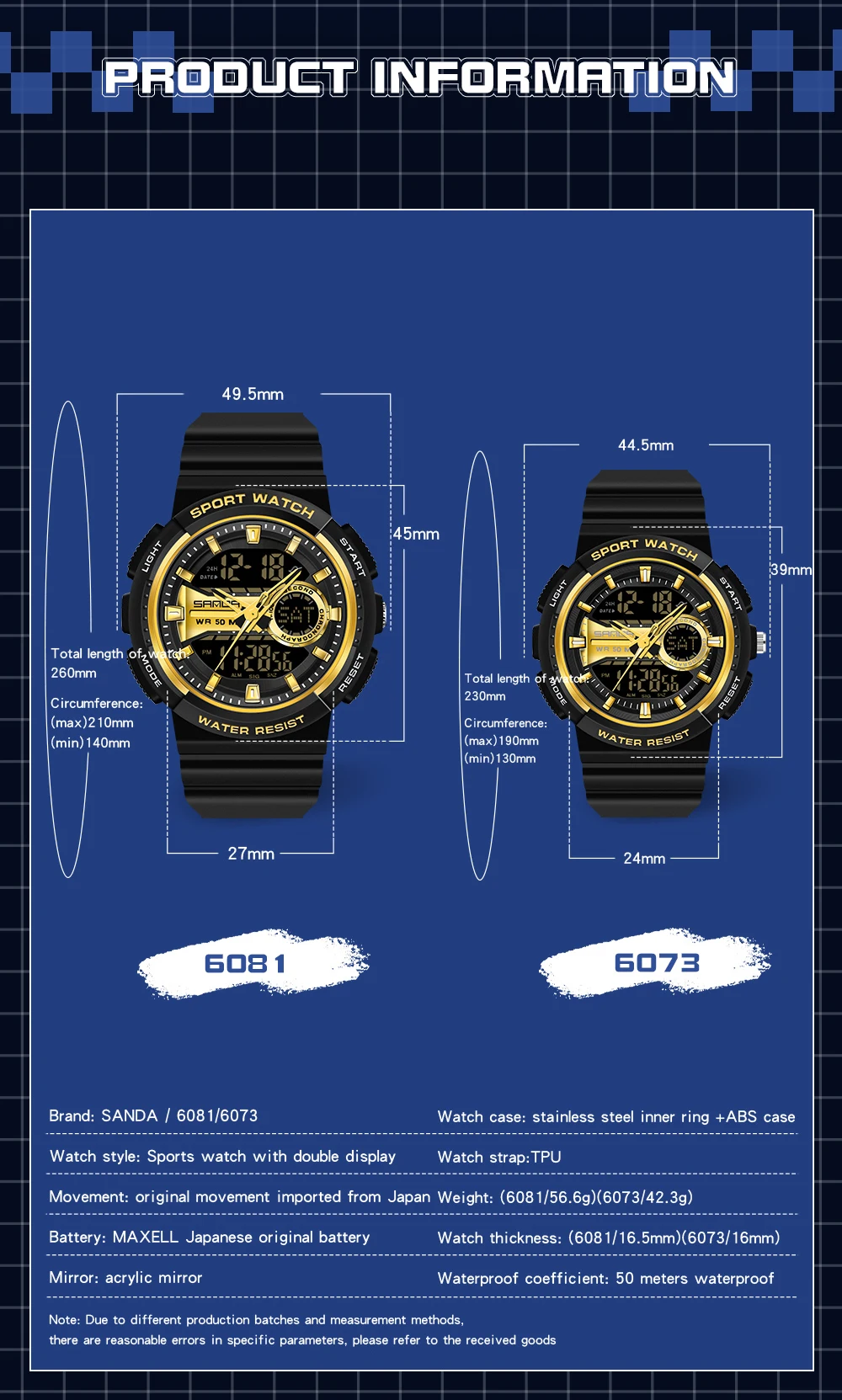 2023 Digital Watch Men Sport Chronograph Calendar Quartz Wristwatch 50m Waterproof Male Electronic Clock SANDA 6081
