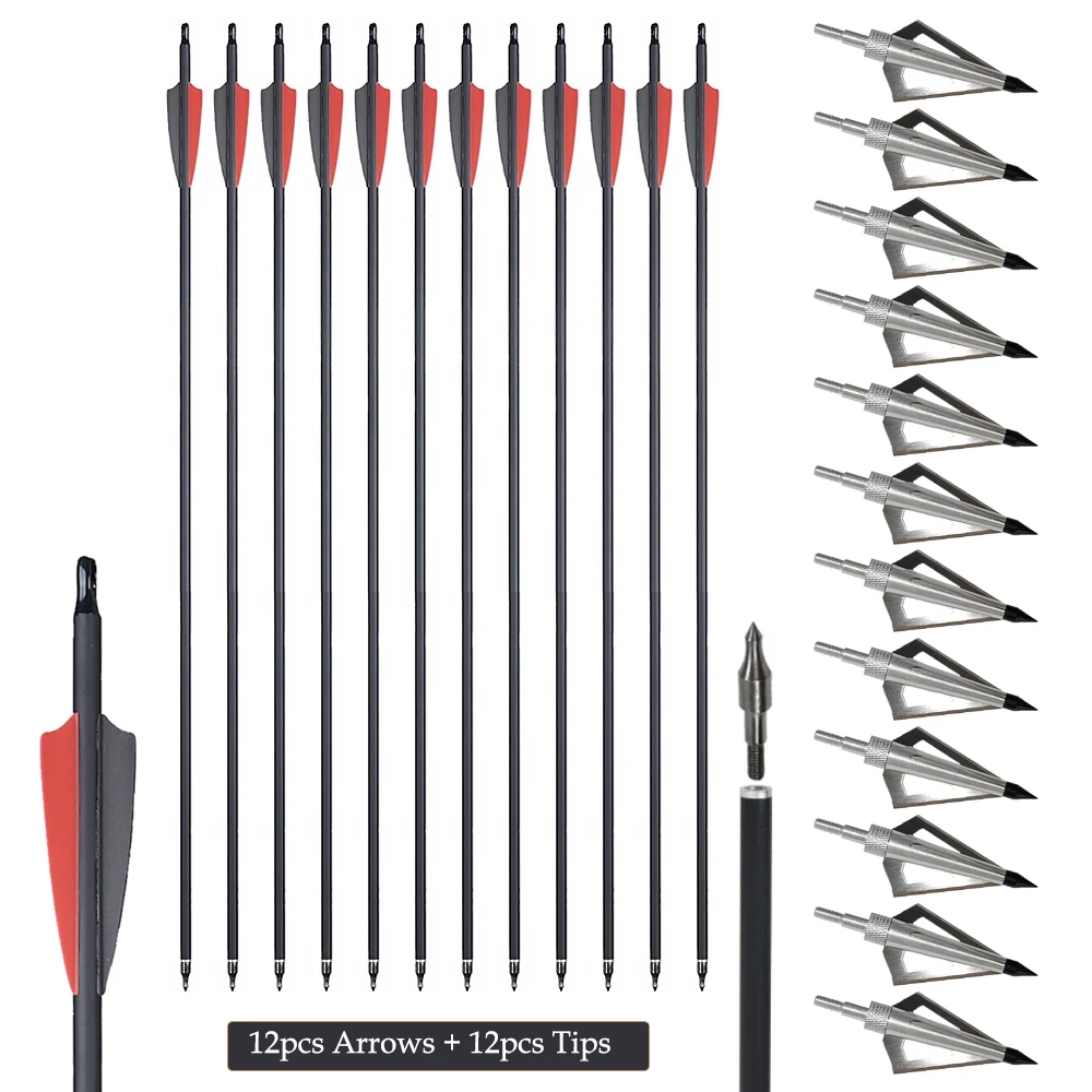 

12pcs 31.5'' Mixed Carbon Arrows Spine 500 with 12pcs Replaceable Arrow Heads Tips125grain 30-60lbs Recurve Bow Compound Bow