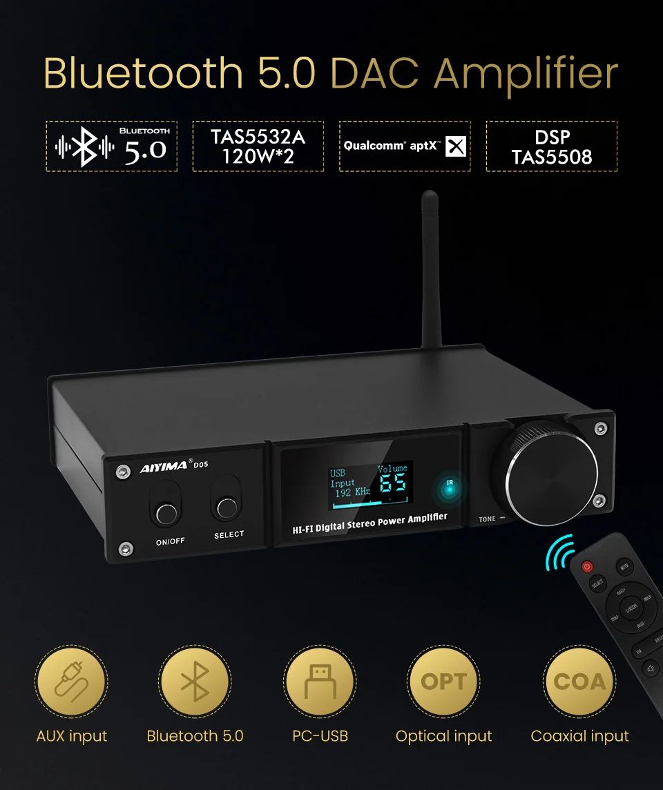 AIYIMA D03 Bluetooth5.0 パワーアンプ 150W * 2 HIFI2.1