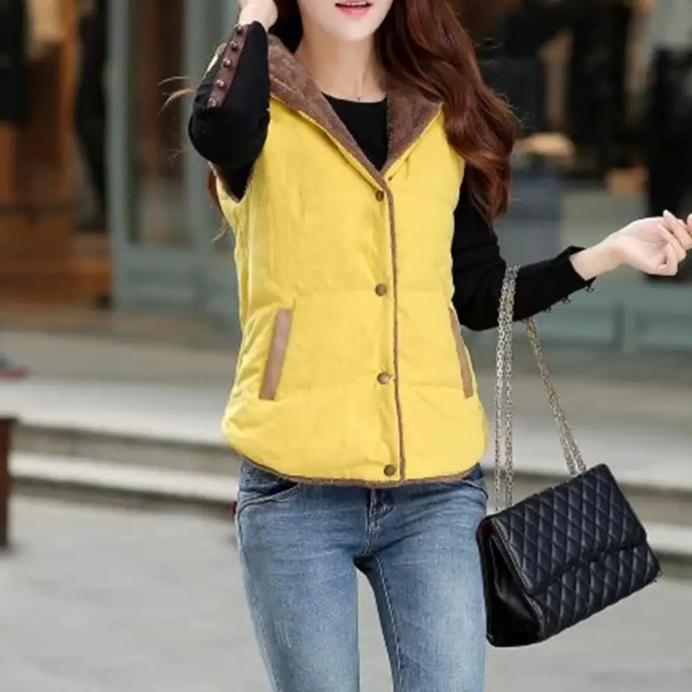 Vest Comfy Coldproof Single breasted Placket Hooded Sleeveless Fleece