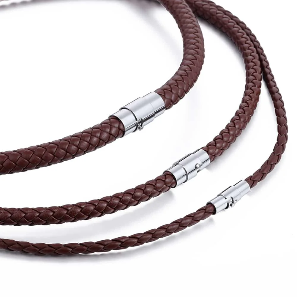 Stainless Steel Buckle Leather Rope Cord Necklace for Men Womens Black Brown 4/6/8mm DLUNM09