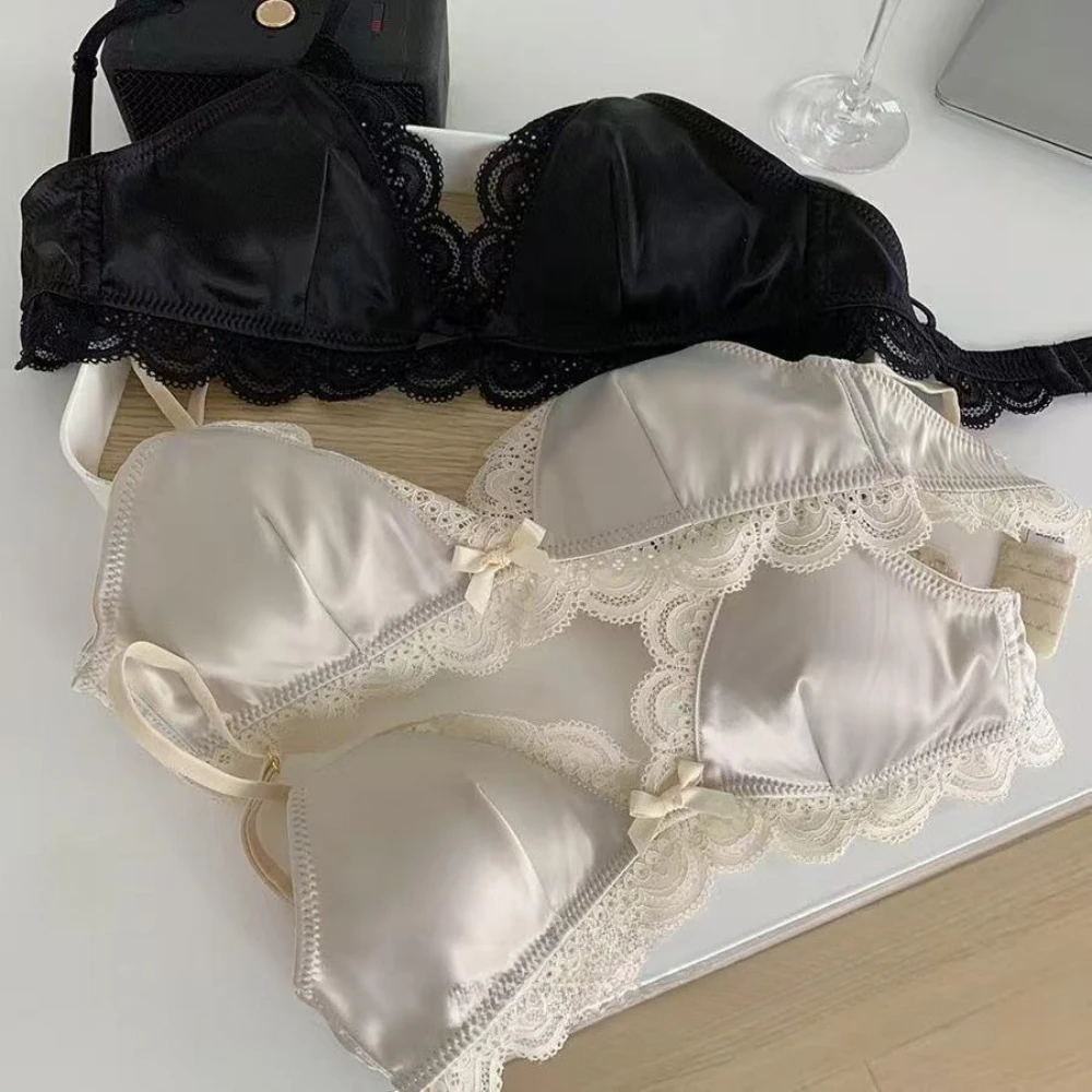 Fashion Triangle Cup Bow Lace Bra for Women Small Chest Satin Underwear Sweet Girl Breathable Comfortable Soft Bra 5