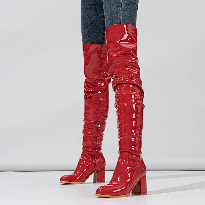 

Fashion Round Toe Motorcycle Thigh High Boots Women Red Pleated Patent Leather Over The Knee Shoes Zip Autumn Winter Heels