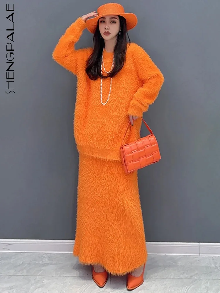 

SHENGPALAE Mink Wool 2 Piece Set O-neck Full Sleeve Pullover Tops Solid Color Thicken Ankle Length Skirt Winter 2023 New 5R8404