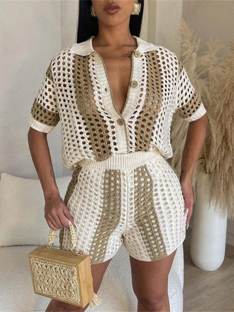 

Echoine Color Striped Knitted Two Piece Set Women Short Sleeve Single Breasted Shirts Top + Shorts 2023 Smmer Y2K Outfits