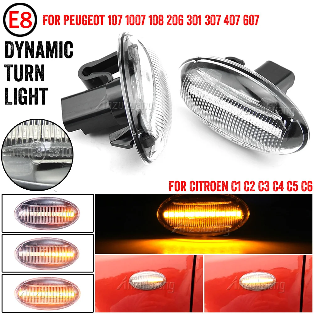 

2pcs Dynamic Amber LED Flashing Turn Signal Light Side Marker Lamp For Peugeot 307 206 407 107 607 1007 4007 Citroen C1 C2 C3 C5