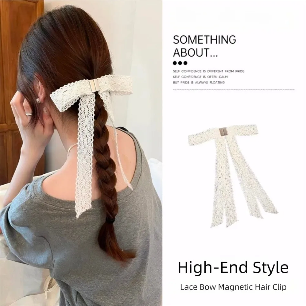 Fermagli per capelli magnetici con fiocco in pizzo, morbidi sulla pelle, stile vintage, per acconciature semi-cotte, leggeri, con nastro a nappa, accessorio per capelli per uso quotidiano e casual - immagine 4