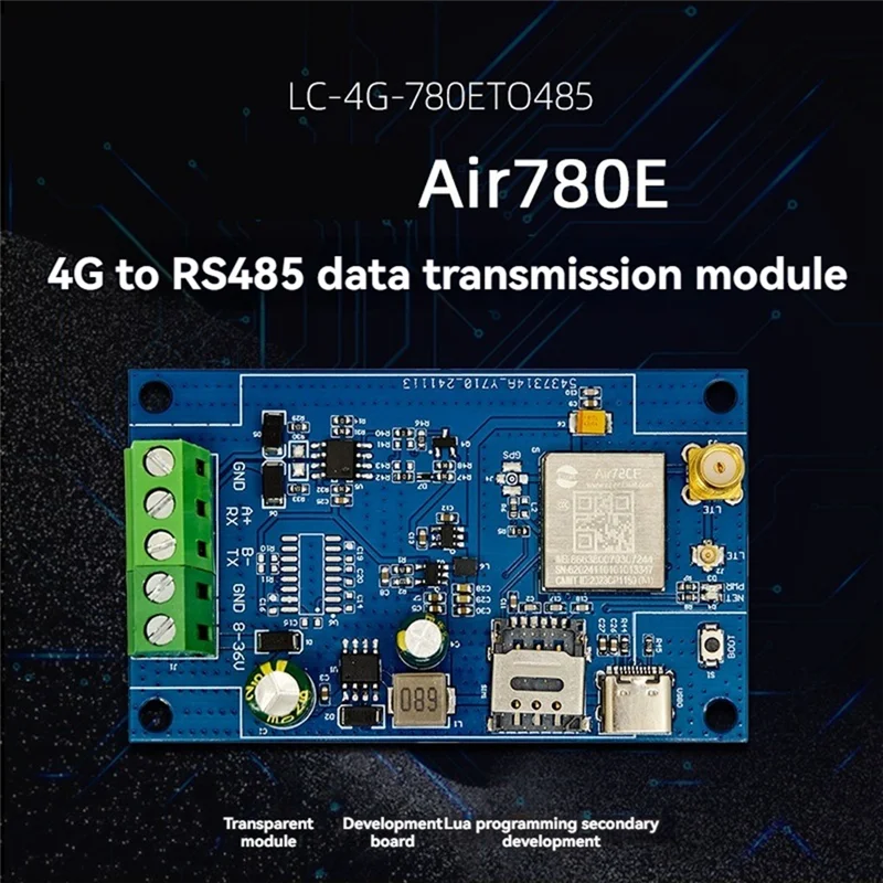 N82R Air780e 4G-RS485 모듈 데이터 전송 DTU 모듈 USB5V/DC8-36V 펌웨어 및 LUATOS 개발 지원