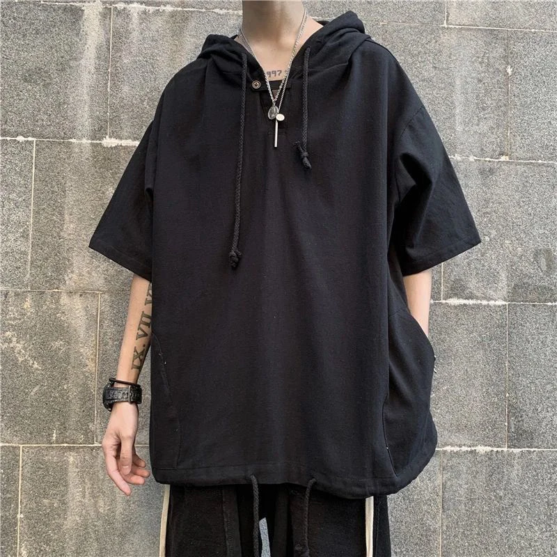 

Summer Loose Short Sleeve Men Hooded Pullovers Drawstring Harajuku Fashion High Street Student Oversized Tops Black White Yellow