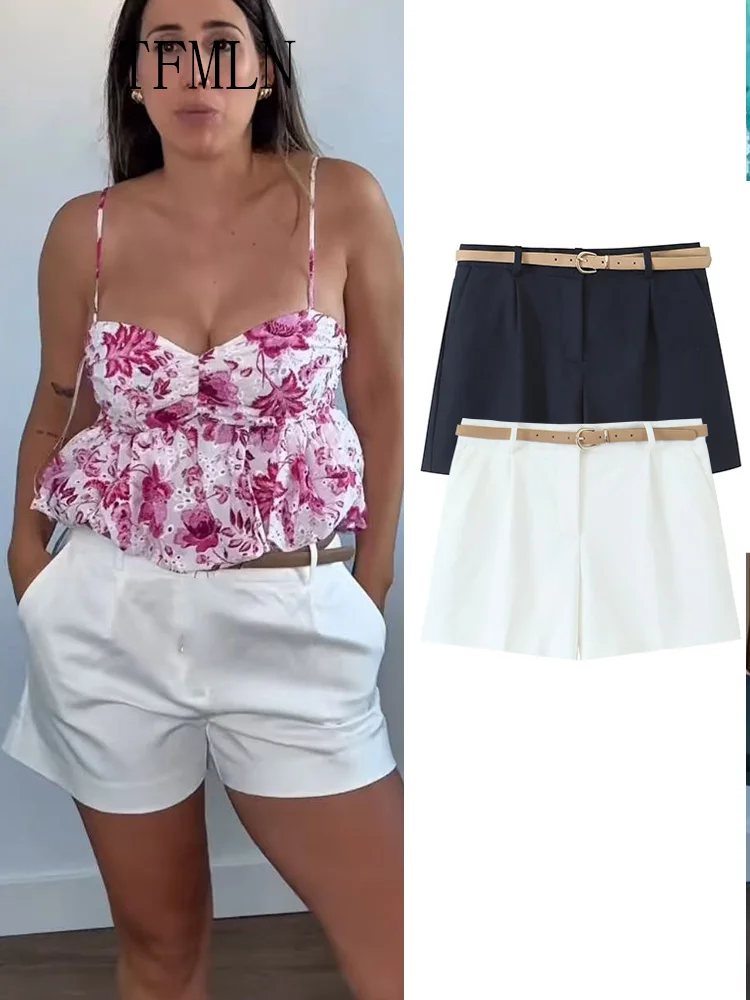 TFMLN 2025 Summer Women Solid Short With Belt Fashion Loose Casual Versatile Pleated Shorts Retro High Waist Side Pockets Shorts