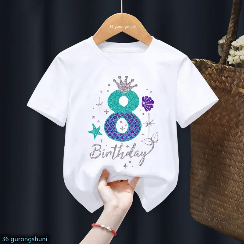 thumbnail image 1 of Bonita camiseta de algodón para niña, regalo de sexto cumpleaños, camiseta con estampado de corona de princesa sirena, camisetas blancas Harajuku Kawaii, 1 of 5