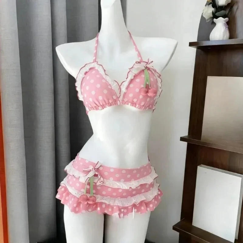 Y2k Sweet Cherry Patchwork Bikini Set Women Sexy Beach Style Polka Dot Print Vacation Pool Party Hot Girl Bodycon Spring Summer 4