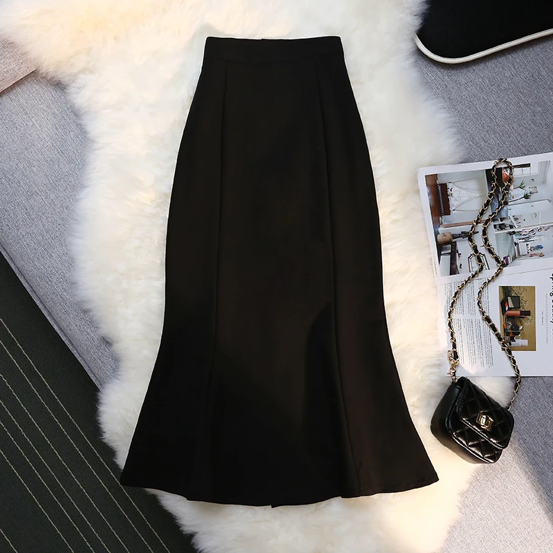 black leather skirt Syiwidii Elegant Long Skirt for Women 2022 New Spring Summer Causal Korean Fashion Midi Work Trumpet Pencil Skirts Black Blue black skirt