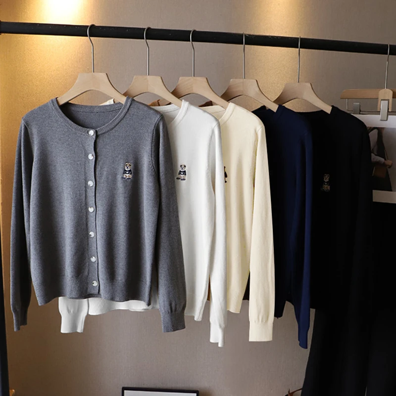 Women Autumn Winter Short Sweater Solid Color Bear Embroidery Cardigan