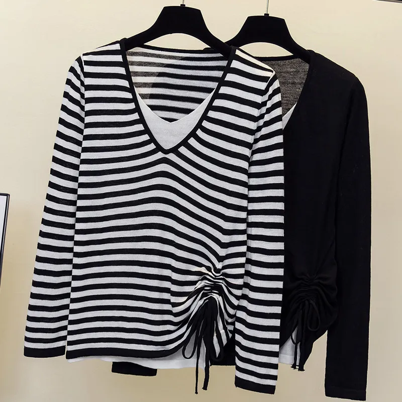 

Autumn Winter New Sweater Women V-Neck stripe Knitted pullove Long sleeve Casual Loose soft Fashion Women clothing 2023