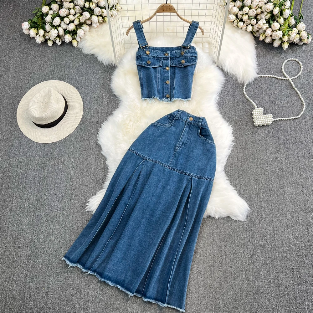 

Fashion Summer Denim Suits Retro Sexy Camisole Single Breasted Tops And High Waist A-Line Pleated Mid Long Skirts 2 Pcs Set
