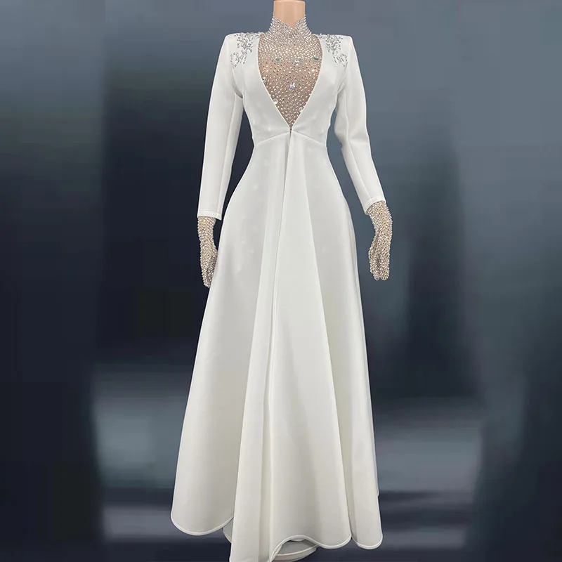 

Rhinestone Silver Gloves Jumpsuit Transparent Mesh Cloak Birthday Evening Sexy Dance Party Costume