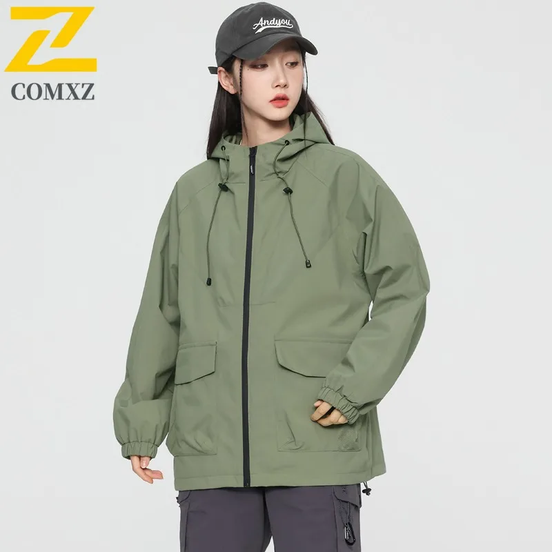 COMXZ Urban Hiking 2025 Mens Jacket High Quality Hooded Mountaineering Lightweight Zipper Coats Casual Travel Autumn Outerwear