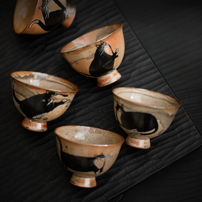 Japanese Tea Cup Retro Vintage Ceramic Chinese Kung Fu Teacup Host Single Cup Handmade Cute Cat Cartoon Cups Drinkware Teaware tea cup
