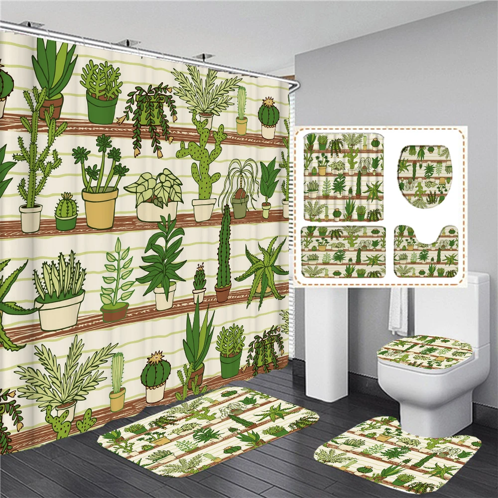 

Tropical Plant Cactus Shower Curtains for Bathroom Sets Green leaves Bath Curtain Mildew Resistant Anti-slip Carpet Toilet Cover