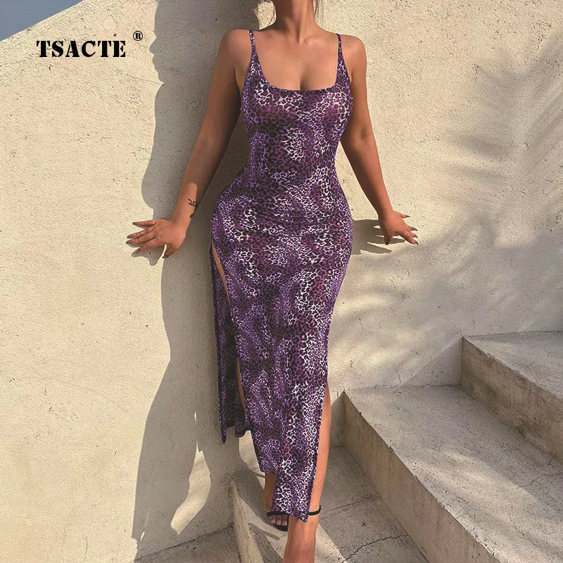 

Summer Fashion Streetwear Ladies High Slit Dress Sexy Sleeveless Leopard Printed Sling Backless Dresses NightClub Party Vestidos