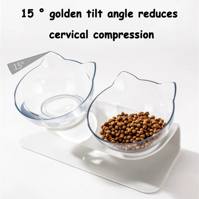 Double Cat Feeding Bowl PC Plastic Cat Shape 2 Cat feeder Container 15 Degree Tilted Pet Inclination Stand Cats Feeding Bowl 4